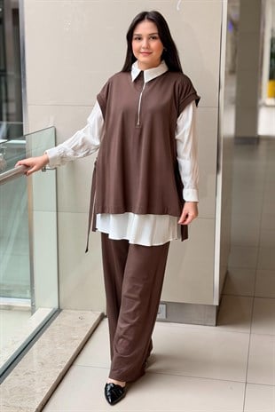 Nurcan Çetin Yaka Yarım Fermuarlı Kolsuz Tunik Gömlek Pantolon 3Lü Set Takım