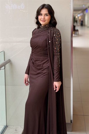 Fashion Night Kolları Taşlı Şifon Tül Abiye Elbise