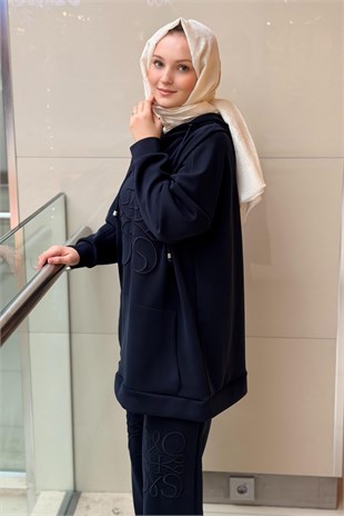 Ghisa Kabartma Nakışlı Kapüşonlu Kanguru Cepli Sweat Pantolon Takım