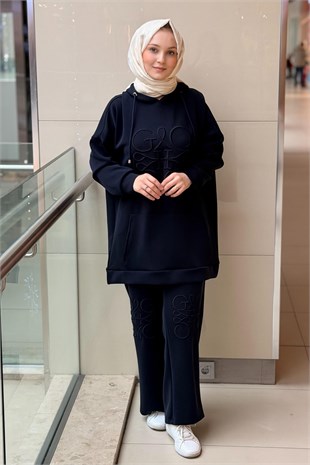 Ghisa Kabartma Nakışlı Kapüşonlu Kanguru Cepli Sweat Pantolon Takım