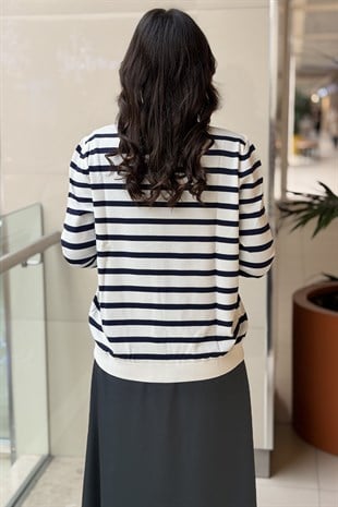 Ghisa Yatay Çizgili Önden Çıtçıtlı Merserize Hırka