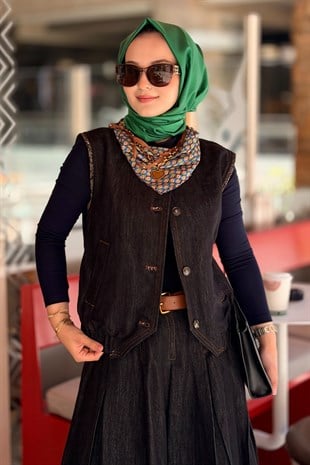 Twist Fularlı Denim Yelek