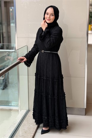 Nurcan Çetin Kolları Ve Etek Ucu Fırfır Detaylı Astarlı Bürümcük Elbise