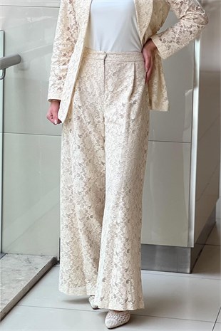 Mianotte Astarlı Bol Paça Güpür Pantalon