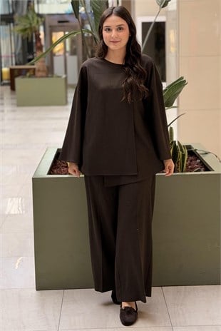 Kahma Çizgili Pullu Brown Kap Pantolon Takım