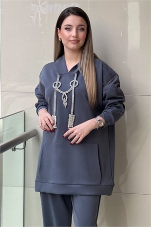 Ghisa Kapüşonlu Kanguru Cepli Kolye Taş İşlemeli Tunik Pantolon Takım