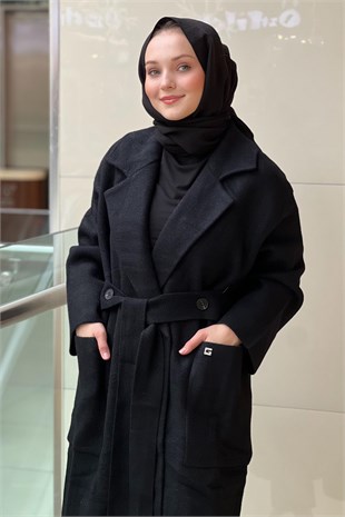 Ghisa Kruvaze Yaka Önü Açık Kuşaklı Kaşe Kaban