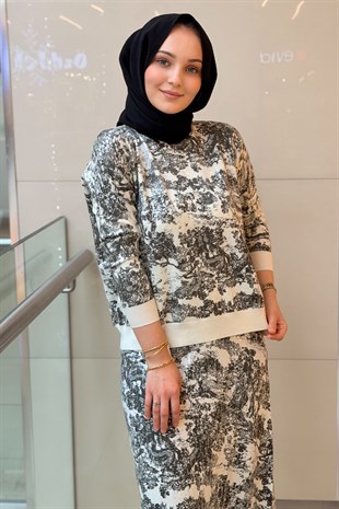 Ghisa Payet Detaylı Ağaç Desenli Tunik Etek Takım