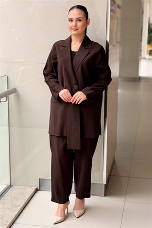 Tığ Triko Yaka Detaylı Blazer Ceket Pantolon Takım