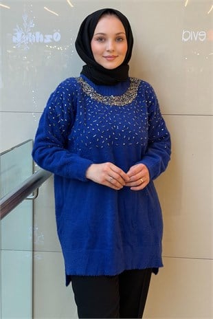 Nuss Sıfır Yaka Serpme Boncuk İşlemeli Angora Tunik