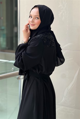 Heddy Omuzları Ve Sırtı İşli İç Elbiseli Abaya