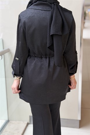 Matex Kruvaze Yaka Bel Büzgülü Broşlu Ceket İçlik Pantolon 3 Lü Set Takım