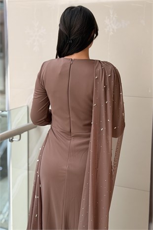 Fashion Night Drapeli Taş İşlemeli Tül Abiye Elbise