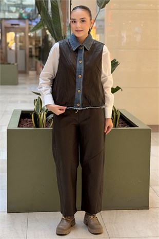 Twist Denim Mix Deri Görünümlü Yelek