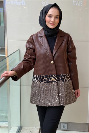Ghisa Kare Desenli Pul Payet Ve Leopar Detaylı Deri Ceket