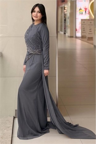 Fashion Night Drapeli Taş İşlemeli Tül Abiye Elbise