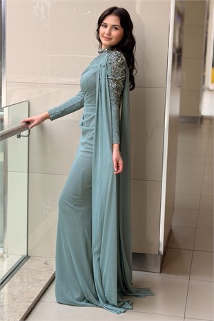 Fashion Night Kolları Taşlı Şifon Tül Abiye Elbise