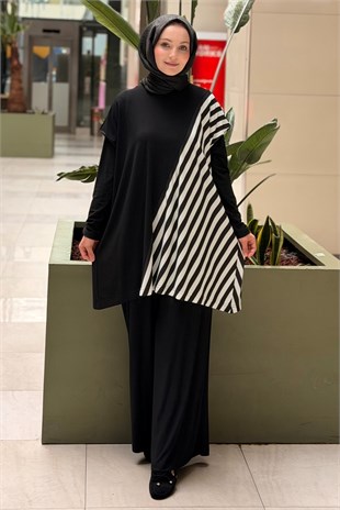 Nurcan Çetin Kontrast Çizgi Desenli Kolsuz Tunik İçlik Pantolon 3lü Takım