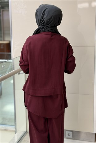 Nurcan Çetin Nervür Detaylı Oval Yırtmaçlı Gömlek Pantolon Takım