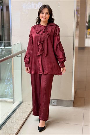Ghisa Fırfırlı Volanlı Tunik Kırıştırma Efekt Pantolonlu Takım