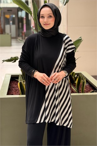 Nurcan Çetin Kontrast Çizgi Desenli Kolsuz Tunik İçlik Pantolon 3lü Takım