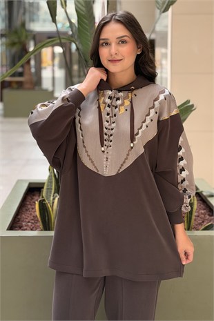 Ghisa Kapşonlu Desenli Tunik Pantolon Takım