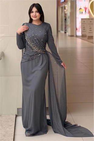 Fashion Night Drapeli Taş İşlemeli Tül Abiye Elbise