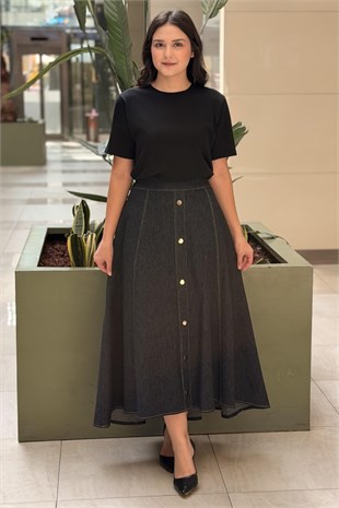 Ceremony Önden Gold Çakma Detaylı Denim Etek
