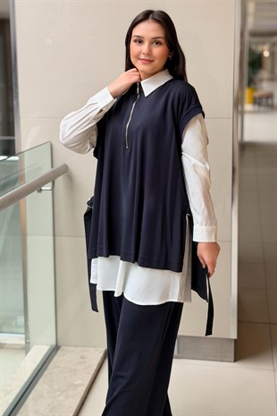 Nurcan Çetin Yaka Yarım Fermuarlı Kolsuz Tunik Gömlek Pantolon 3Lü Set Takım