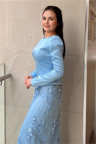 Fashion Night Kabartma Gül İşli Bluz Etek İkili Abiye Takım