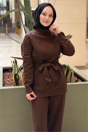 Fuat Gürşen Kolları Pul Payet İşlemeli Tunik Pantolon Triko Takım