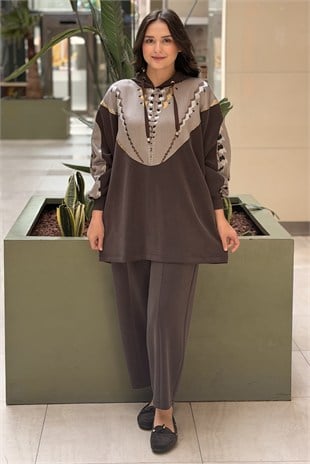 Ghisa Kapşonlu Desenli Tunik Pantolon Takım