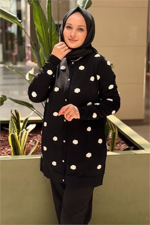Ghisa Kabartma Mini Çiçek İşlemeli Merserize Hırka