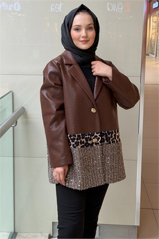 Ghisa Kare Desenli Pul Payet Ve Leopar Detaylı Deri Ceket