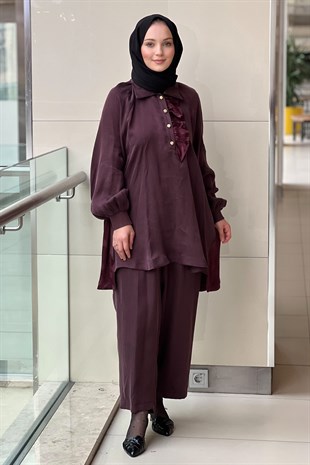Ghisa Fırfır Detaylı Mix Kumaş Desenli Tunik Pantolon Takım