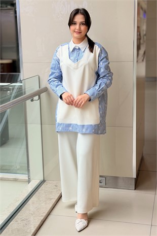 Ghisa İşlemeli Çizgili Mix Kumaş Tunik Pantolon Takım