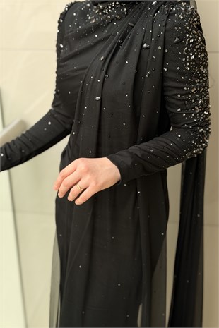 Fashion Night Kolları Taşlı Şifon Tül Abiye Elbise