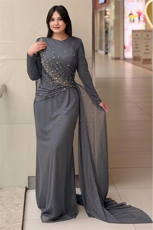 Fashion Night Drapeli Taş İşlemeli Tül Abiye Elbise