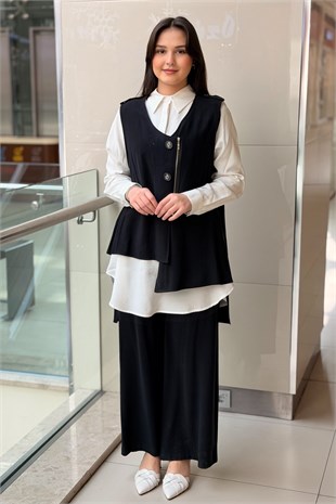 Nurcan Çetin Asimetrik Kesim Fermuarlı Yelek Gömlek Pantolon 3lü Takım