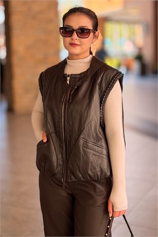 İpekyol Örgü Detaylı Fermuarlı Deri Yelek