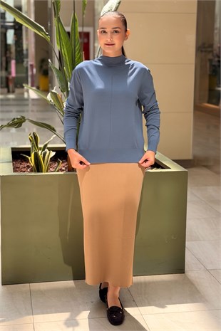 Nuss Dik Yaka Dikiş Detaylı Merserize Tunik