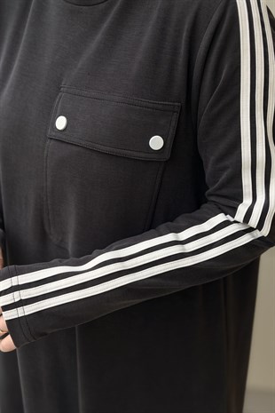 Nurcan Çetin Kolları Çizgili Cep Kapaklı Tam Boy Elbise