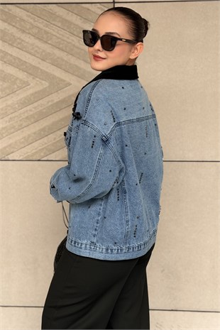 Mahal Yakası Kadife Detaylı Boncuk İşlemeli Denim Ceket