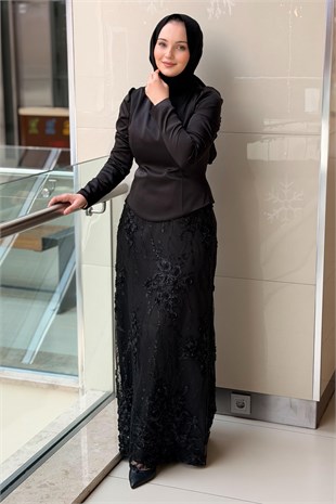 Fashion Night Kabartma Gül İşli Bluz Etek İkili Abiye Takım