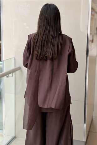 Ceremony Bluzunun Önü Parçalı Bol Paça Pantolonlu Nil Takım