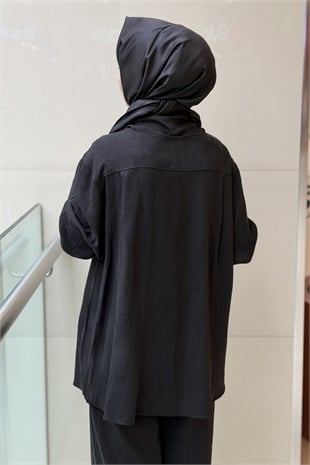 Ghisa Kendinden Desenli Büzgü Yaka Tunik Pantolon Takım