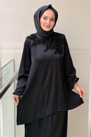Nurcan Çetin Heddy Yakası Çiçek Boncuk İşlemeli Tunik Etek Takım