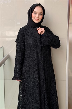 Gizay Kolları Ve Etek Ucu Fırfırlı Güpür Ferace
