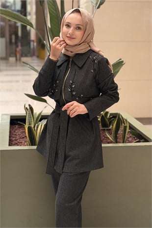 Nuss Kapaklı Boncuk İşlemeli Kap Pantolon Kot Takım