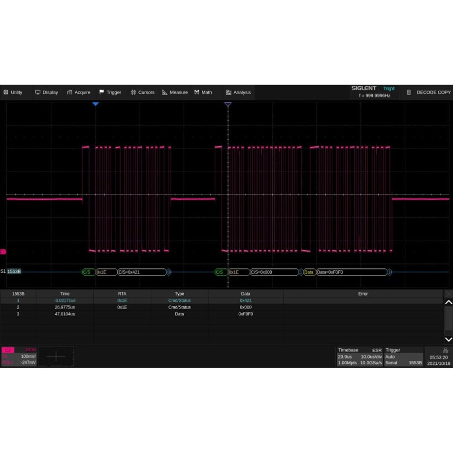 SIGLENT SDS6000Pro-1553B MIL-STD-1553B tetikleme ve kod çözme (yazılım seçeneği)